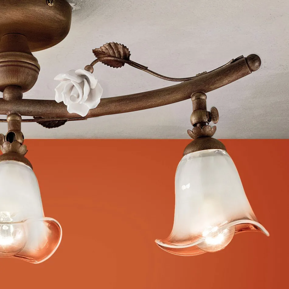 Llambë tavani lineare me 3 drita në trëndafila hekuri, xhami dhe qeramike - Siena Viadurini