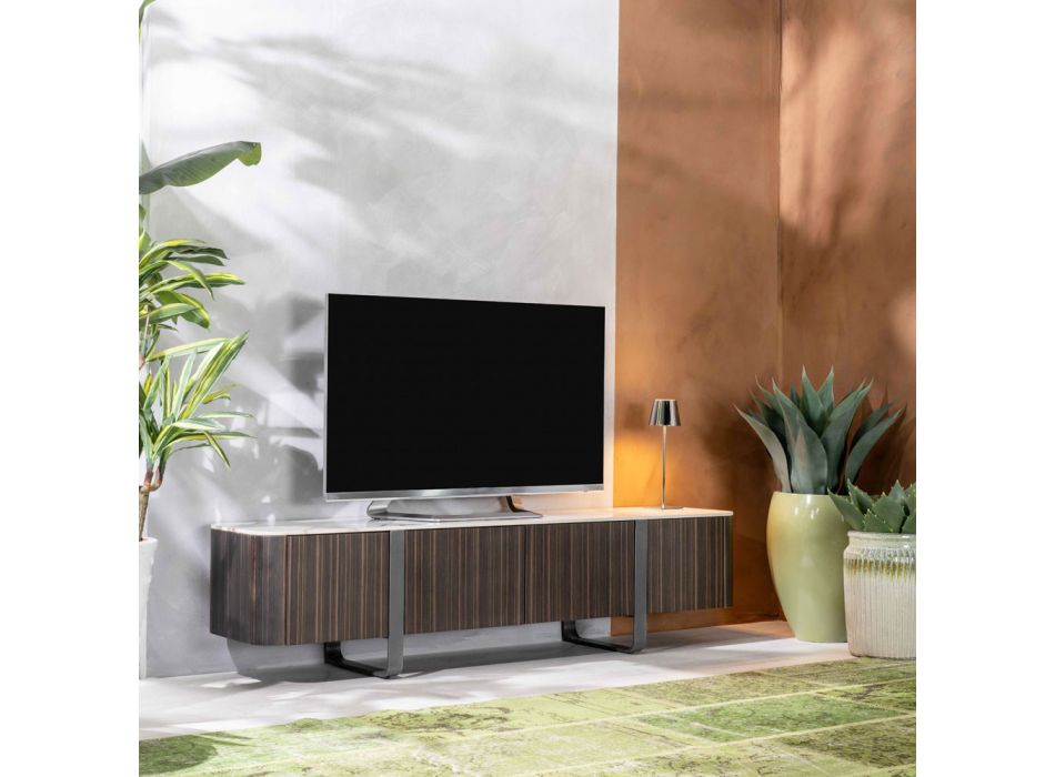 Stenda televizori me majë qeramike Calacatta me efekt mermeri me 2 dyer dhe 2 sirtarë - Clak Viadurini