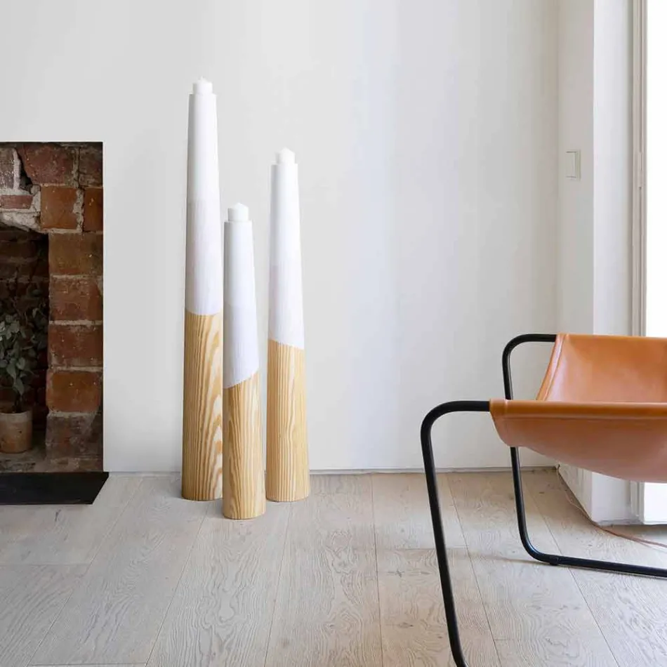 Mbajtëse moderne qirinjsh në dru pishe të ngurtë me detaje me ngjyra - Çiltërsia Viadurini