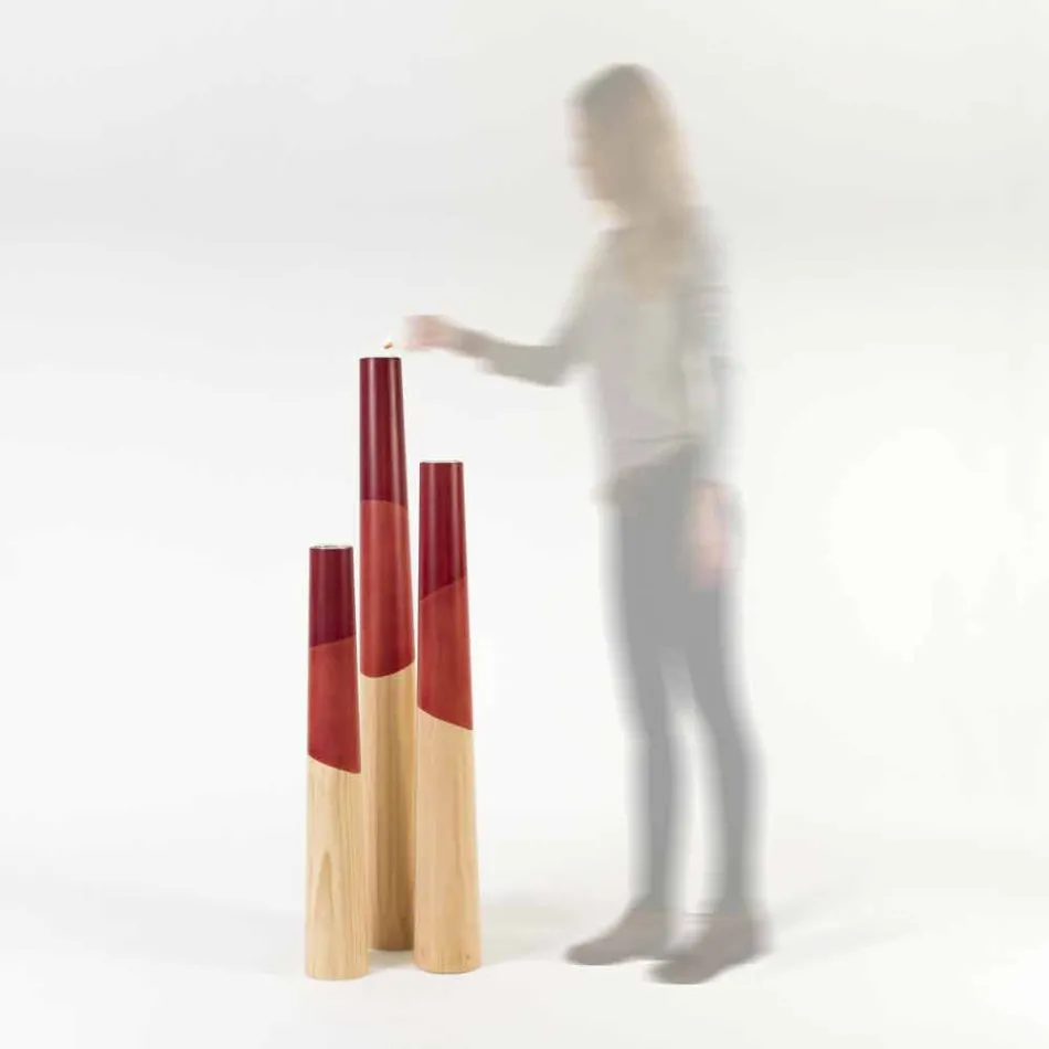 Mbajtëse moderne qirinjsh në dru pishe të ngurtë me detaje me ngjyra - Çiltërsia Viadurini