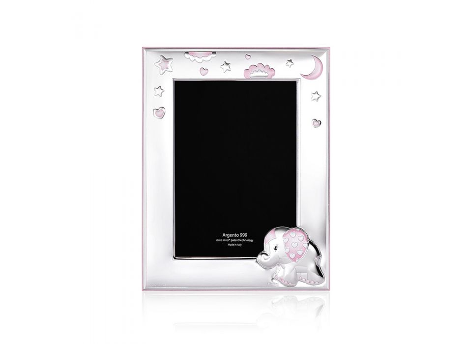 Kornizë fotografie në lëkurë argjendi dhe rozë për vajzat me dekorim elefanti - Molly Viadurini