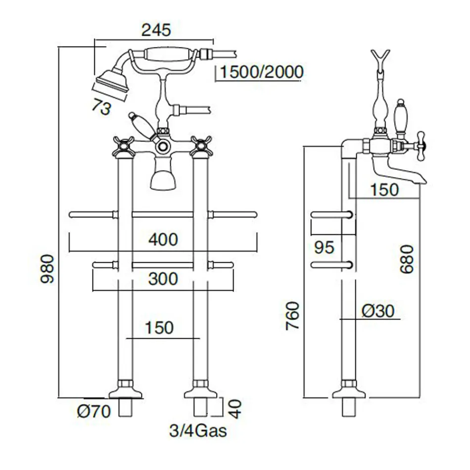 Çezma klasike e vaskës prej tunxhi në dysheme me dush dore - Fioretta Viadurini
