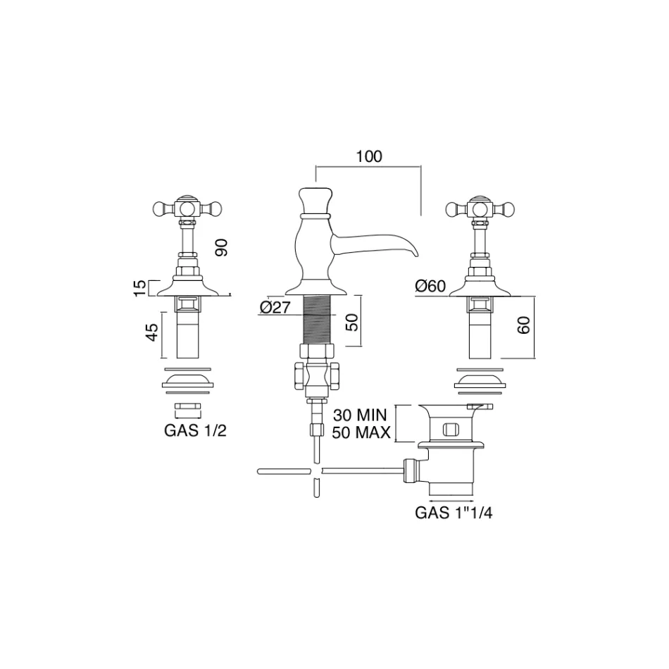 Çezma e cilësisë së mirë e tunxhit me 3 vrima, Prodhuar në Itali - Elisea Viadurini