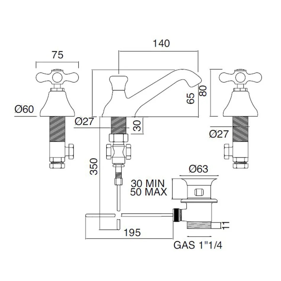 Rubineti i lavamanit të banjës me 3 vrima në tunxh me kullues të stilit klasik - Ercolina Viadurini