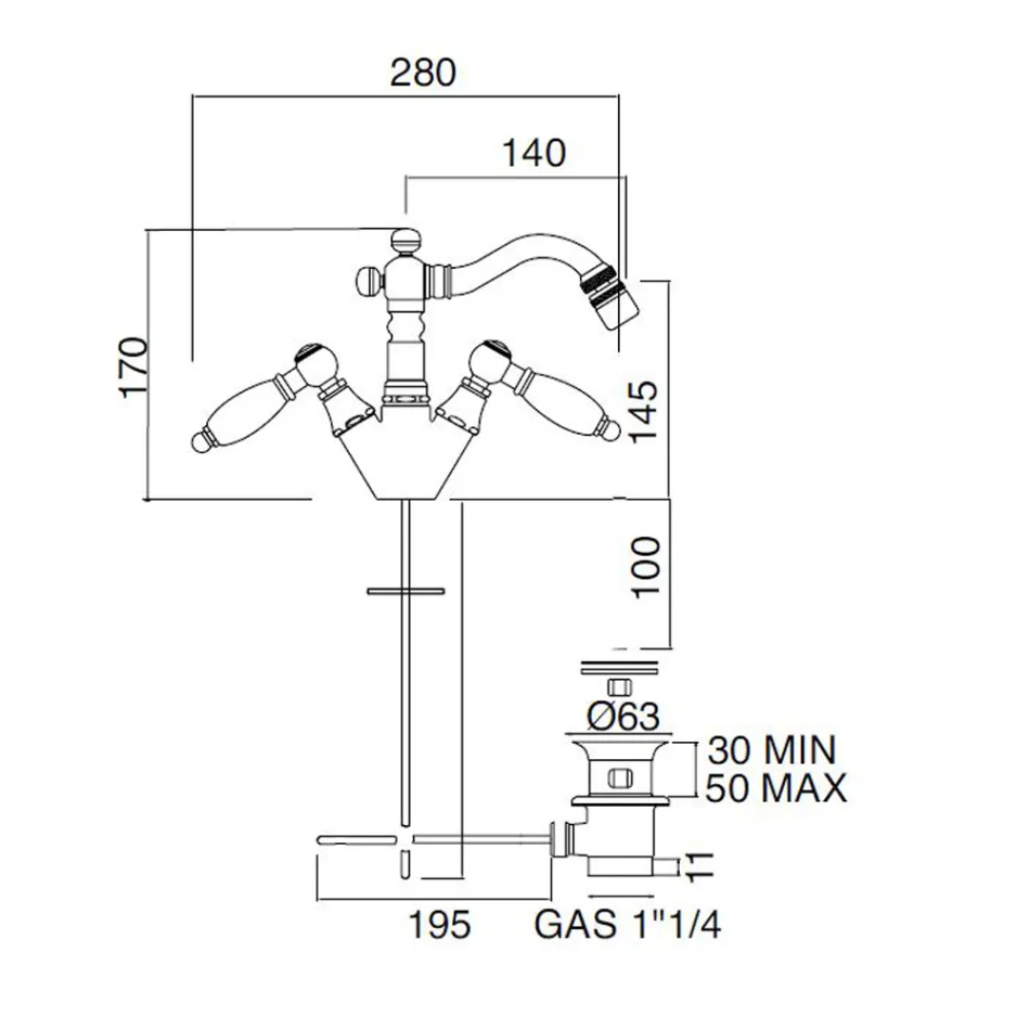 Trokitje klasike e bidetit me një vrimë me leva tunxhi të punuar me dorë - Noriana Viadurini