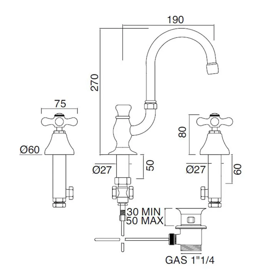 Rubineti i lavamanit të banjës me 3 vrima në tunxh me grykë të lartë dhe kullues - Ercolina Viadurini