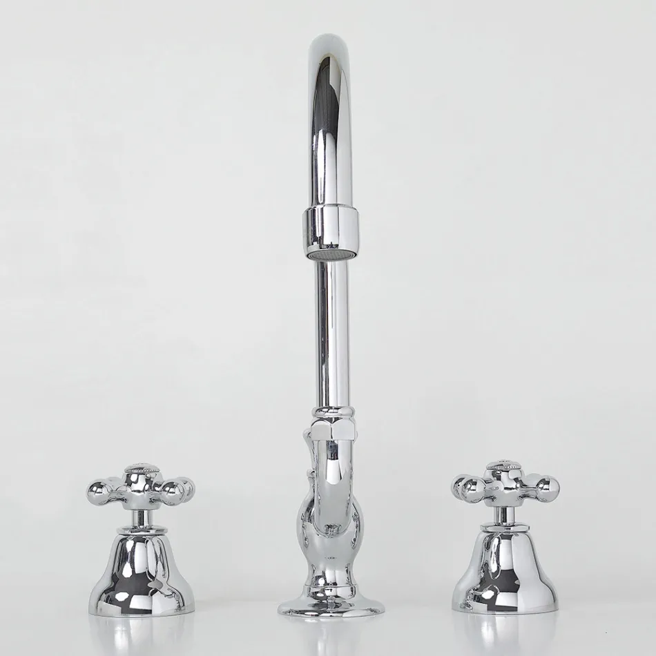 Rubineti i lavamanit të banjës me 3 vrima në tunxh me grykë të lartë dhe kullues - Ercolina Viadurini