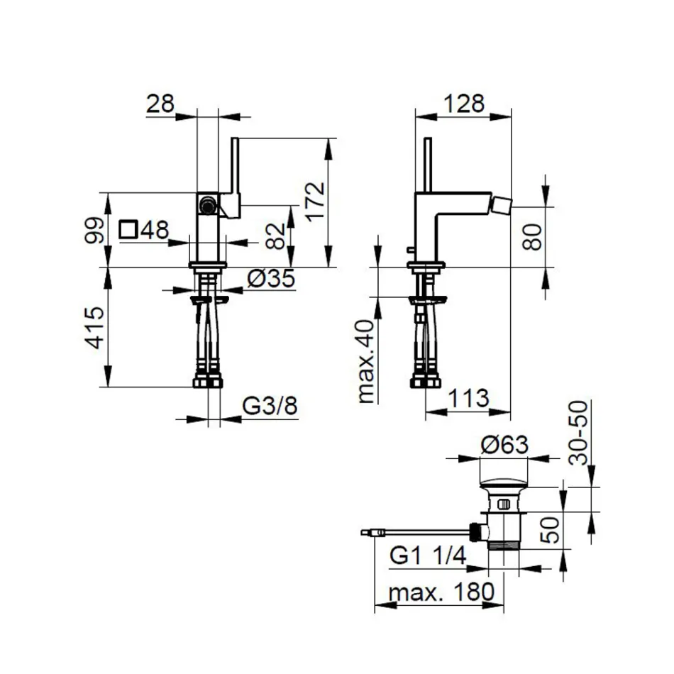 Çek mikseri me një levë bideti me kullim me dizenjo në katror - Erik Viadurini
