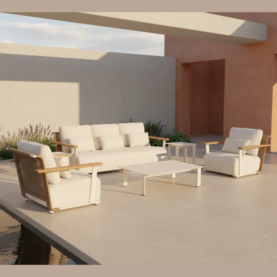 Sallë pritjeje në kopsht me divan, 2 kolltuqe dhe tavolinë kafeje - Montorio Viadurini