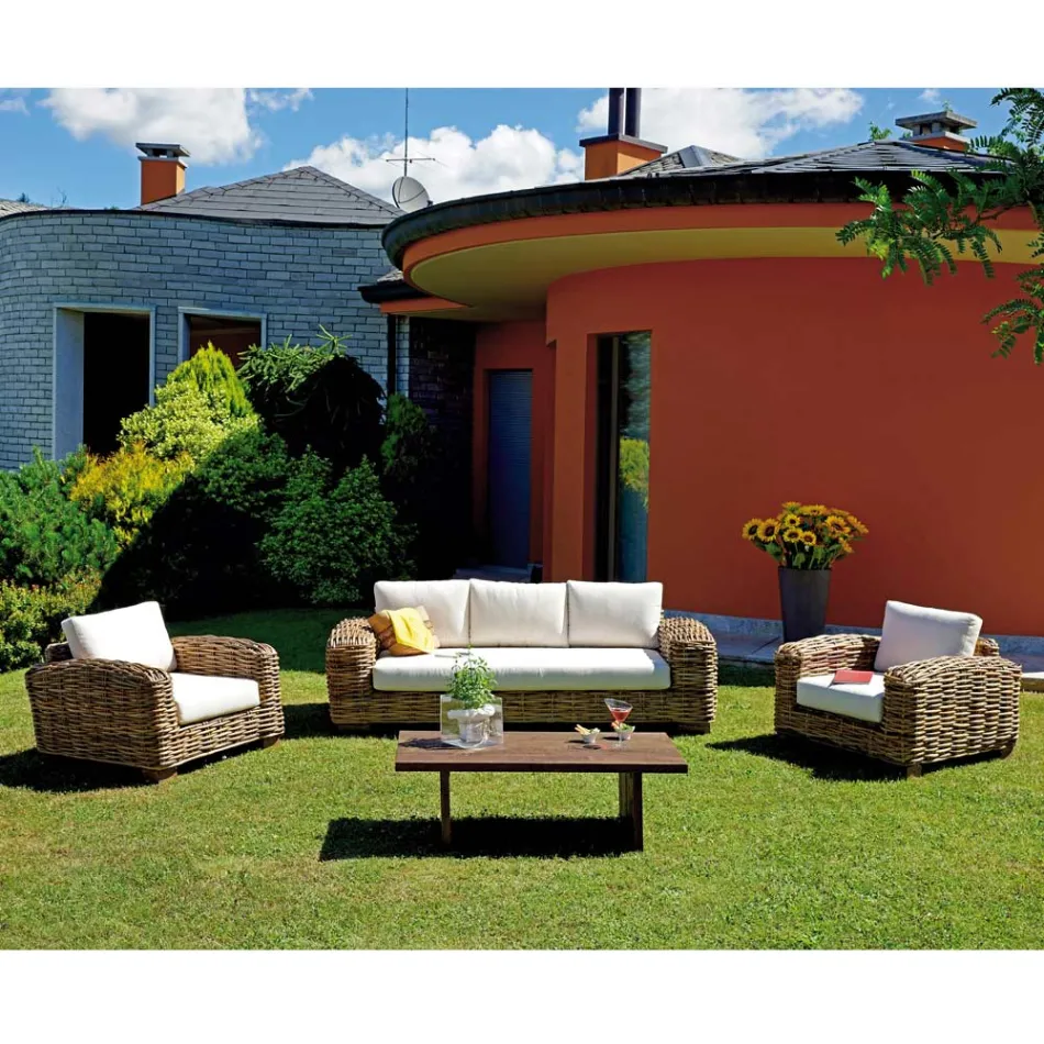 Rattan Garden Lounge me Tavolinë kafeje prej druri dhe jastëkë - Hugues Viadurini