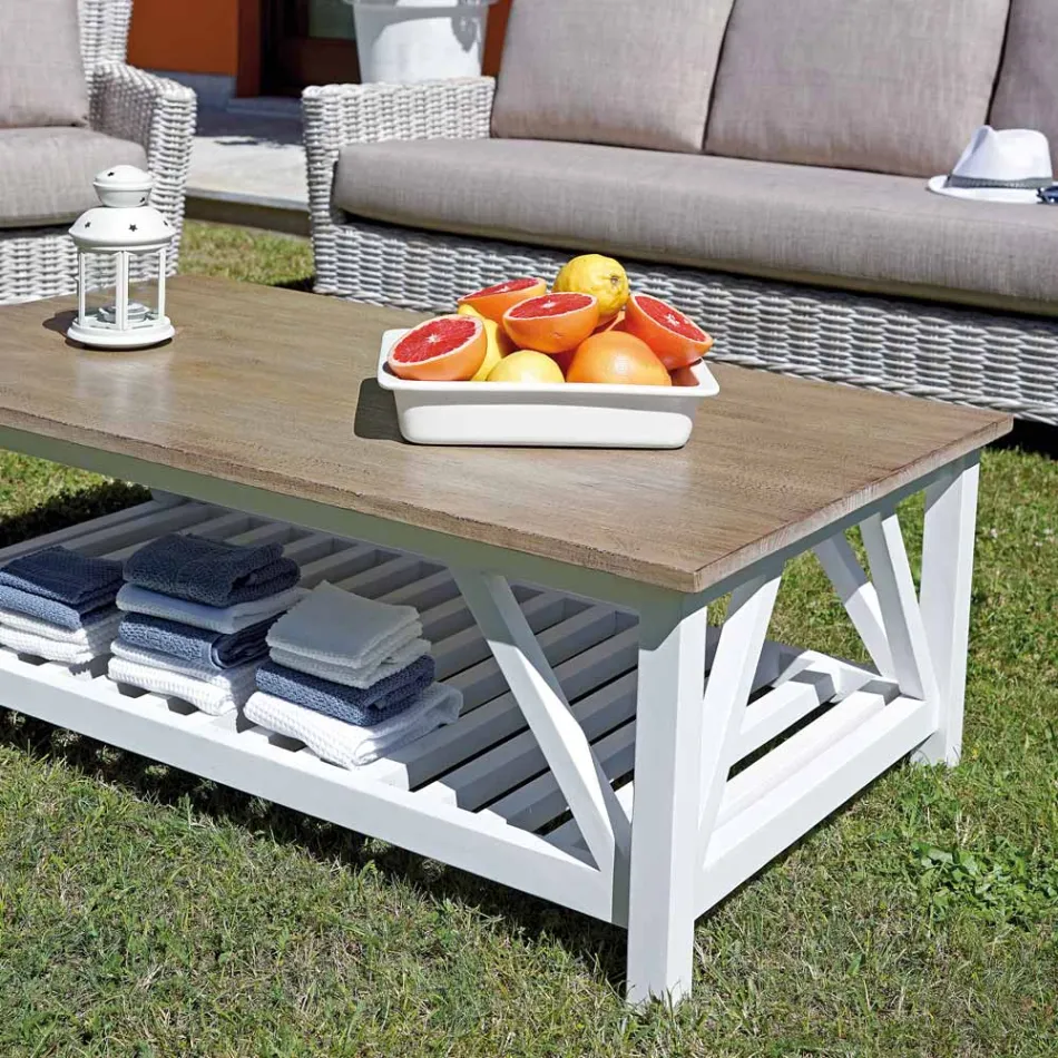 Sallë pritjeje në natyrë me tavolinë kafeje Mango Wood dhe jastëkë Polycotton - Orlanda Viadurini