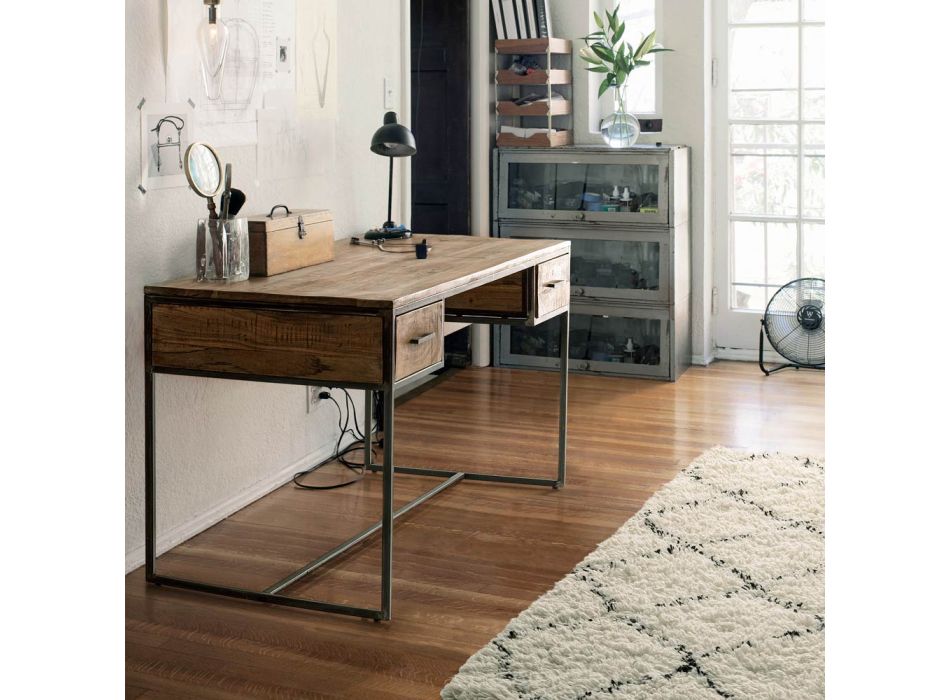 Tavolinë Homemotion Steel dhe Drur Akacie me 2 Sirtarë - Benver Viadurini