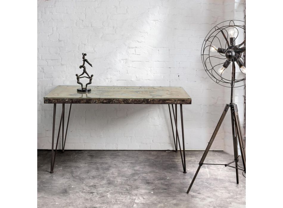 Tavolinë në çelik dhe Mdf me Xham të Dekoruar Industrial Vintage - Mundial Viadurini