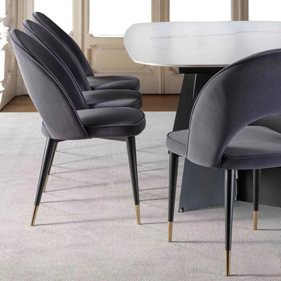 Karrige kadifeje me metale të zeza dhe këmbë bronzi saten, 4 copë - Sibea Viadurini