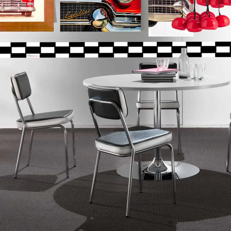 Karrige e stilit të viteve 50 me lëkurë artificiale grafiti dhe bordurë të bardhë Unica Viadurini