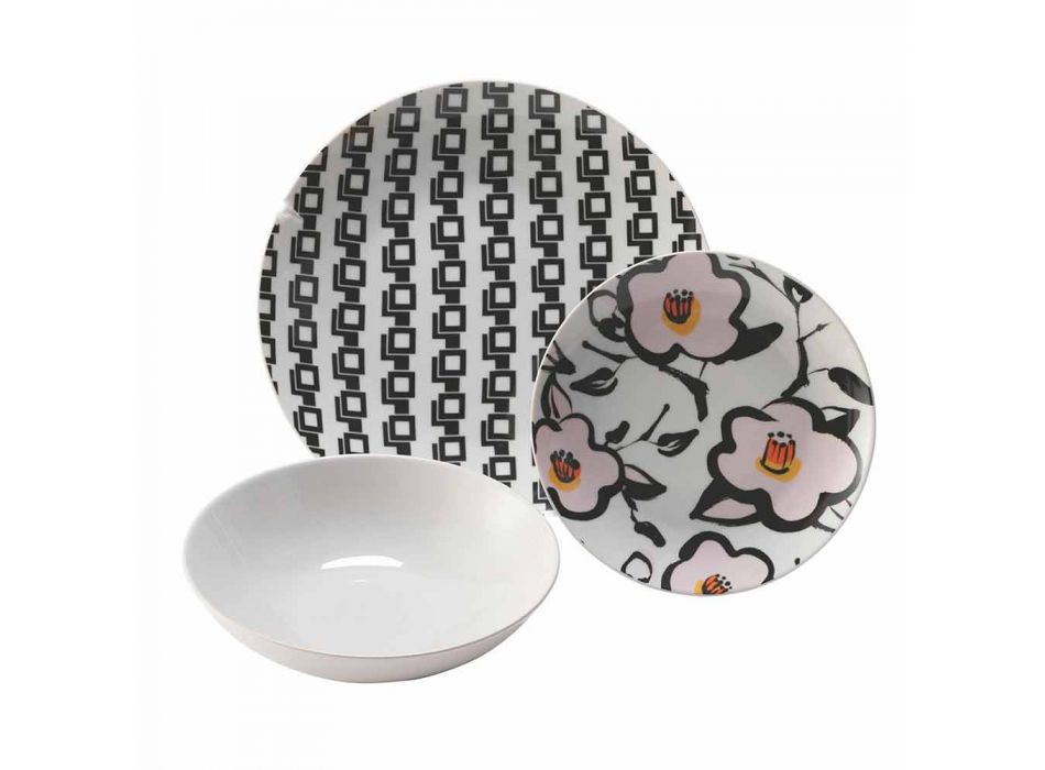 Shërbim tryeze prej porcelani dhe gresi, 18 copë pllaka me ngjyra - Nargile Viadurini