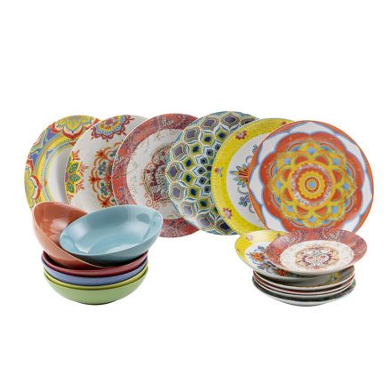 Shërbimi i tavolinave prej porcelani dhe gresi me ngjyra etnike 18 copë - Ibizia Viadurini