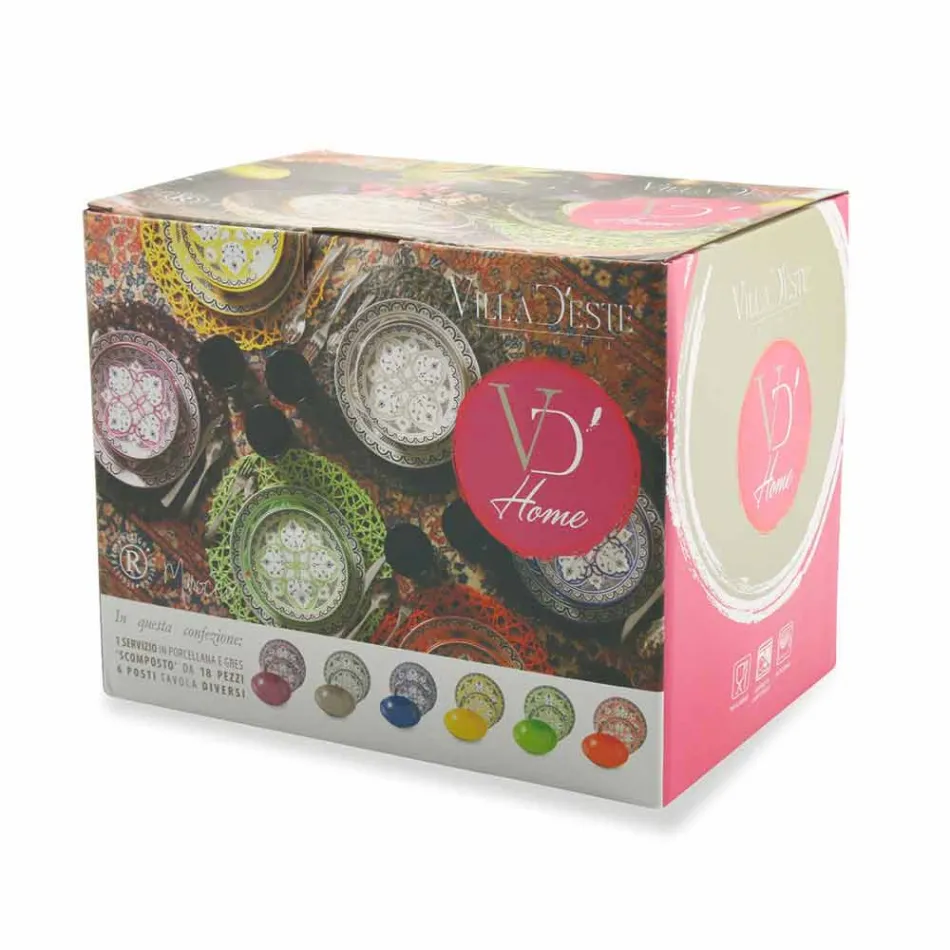 Shërbimi i enëve etnike në Porcelan dhe 18 copë prej guri me ngjyra dhe moderne - Fez Viadurini