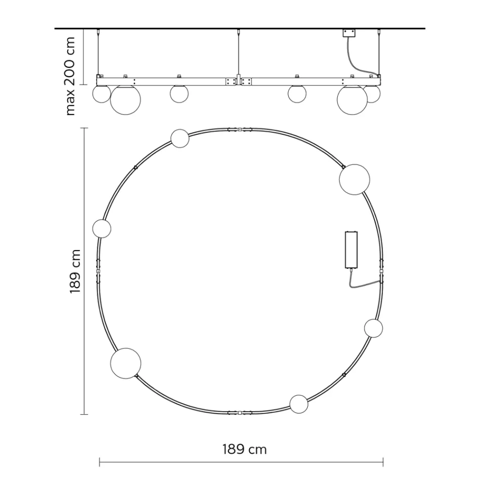 Pezullim me dizajn të rrumbullakët në alumin të zi me sfera dhe dritat e vëmendjes - Exodus Viadurini