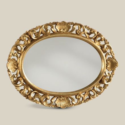 Pasqyrë ovale me kornizë druri të shpuar me gjethe ari Prodhuar në Itali - Firence Viadurini