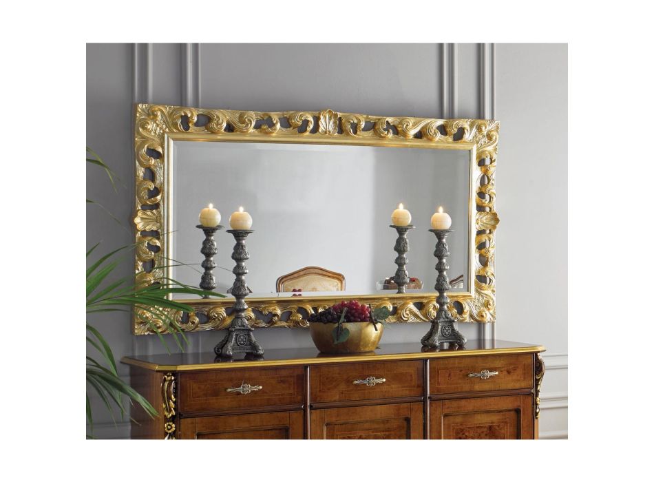 Pasqyrë klasike drejtkëndore prej druri me gjethe ari Prodhuar në Itali - Denver Viadurini