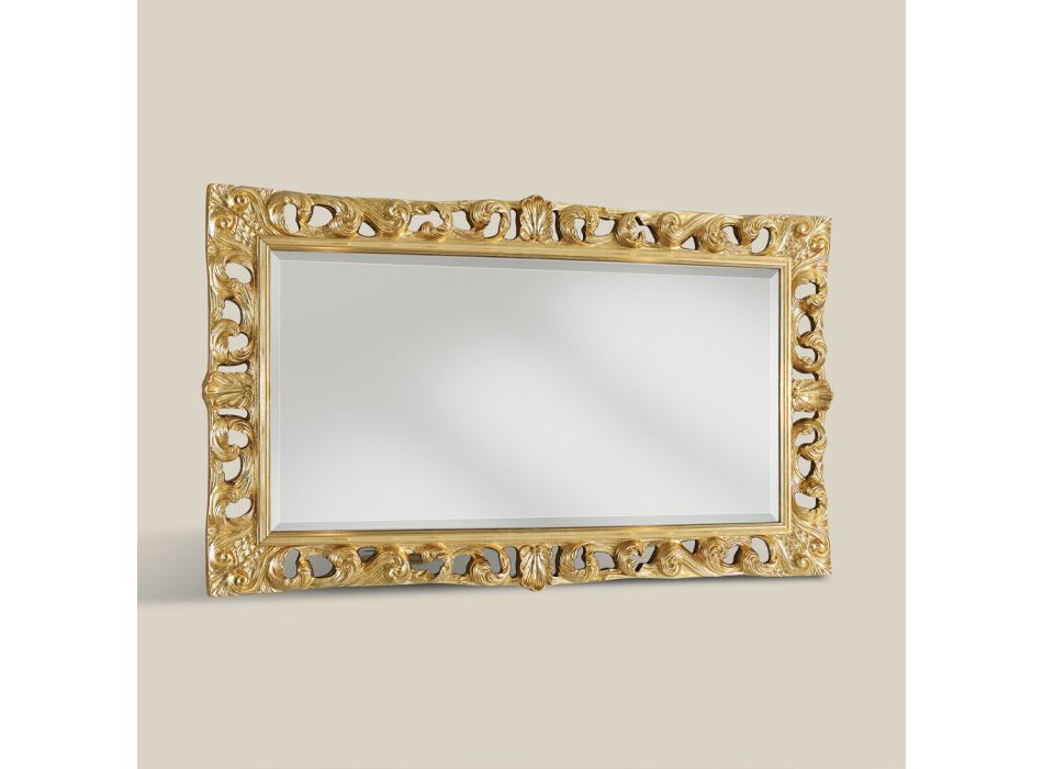 Pasqyrë klasike drejtkëndore prej druri me gjethe ari Prodhuar në Itali - Denver Viadurini