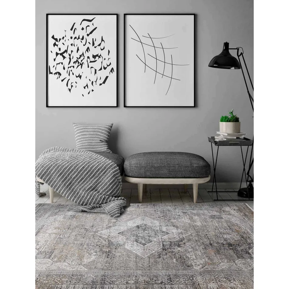 Designer Rug në Viscose dhe Acrylic Grey Grey me Dizajn - President Viadurini