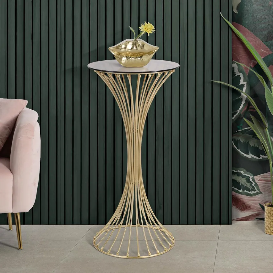 Tavolinë e rrumbullakët e lartë kafeje në hekur të artë me sfera dhe majë prej xhami të tymosur - Dexter Viadurini