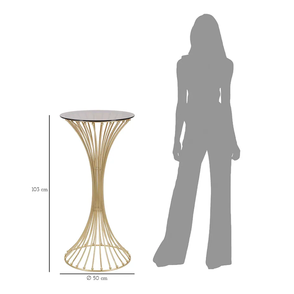 Tavolinë e rrumbullakët e lartë kafeje në hekur të artë me sfera dhe majë prej xhami të tymosur - Dexter Viadurini