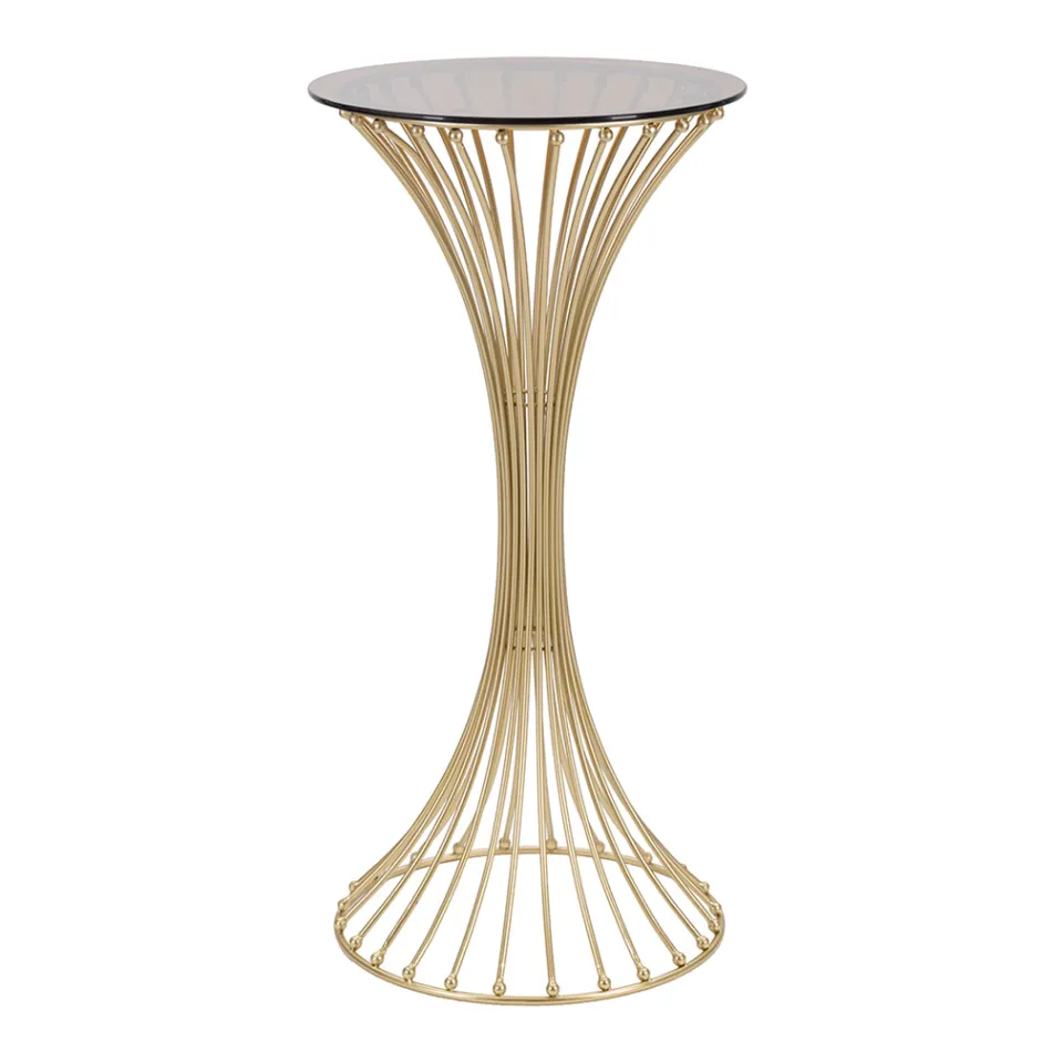 Tavolinë e rrumbullakët e lartë kafeje në hekur të artë me sfera dhe majë prej xhami të tymosur - Dexter Viadurini