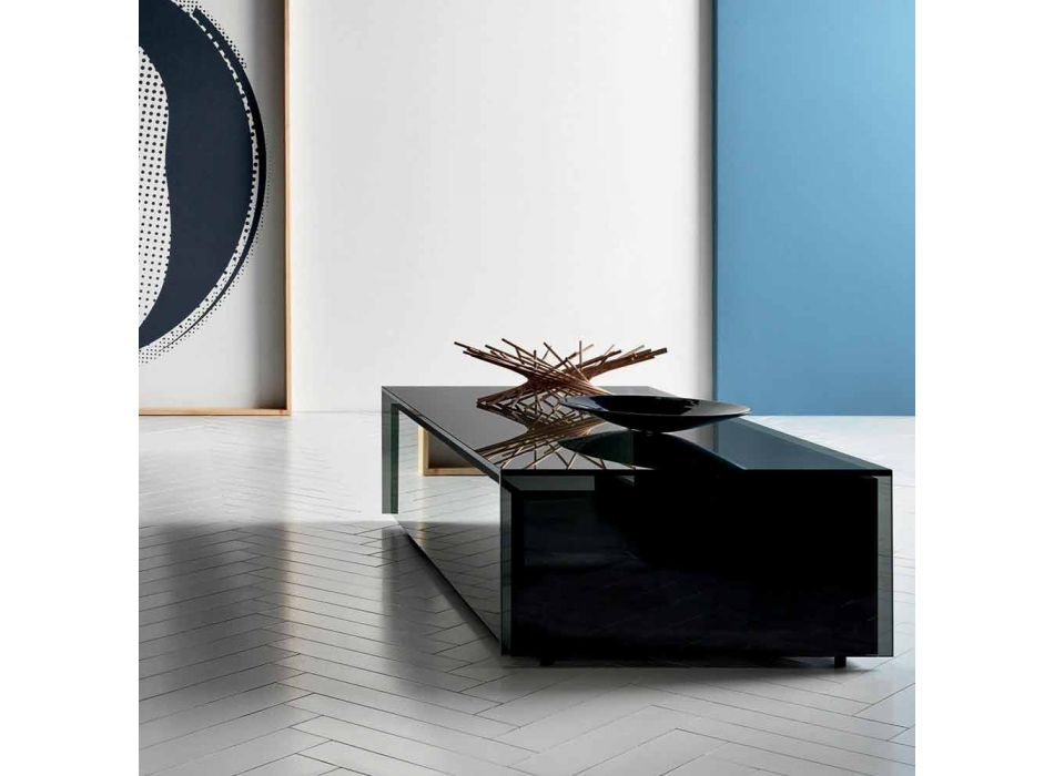 Tavolinë e ulët për dhomën e ndenjes në sirtarë prej qelqi dhe druri të tymosur 3 madhësi - Mantra Viadurini