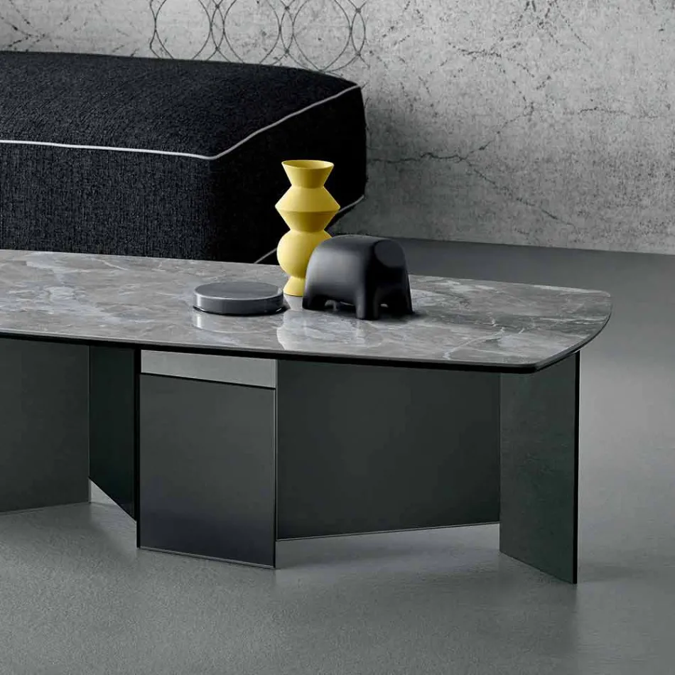 Tavolinë kafeje e ulët Dhoma e ndenjes Qeramike e sipërme dhe këmbë prej xhami të tymosur 3 madhësi - të rastësishme Viadurini