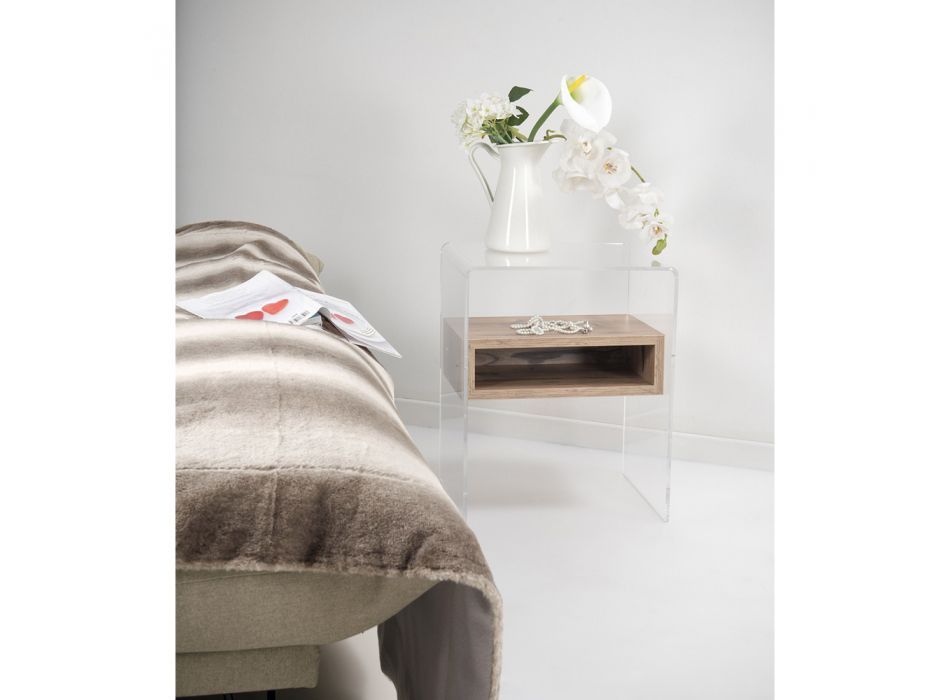 Tavolinë e riciklueshme pranë shtratit prej pleksiglasi dhe druri - Pascoli Viadurini