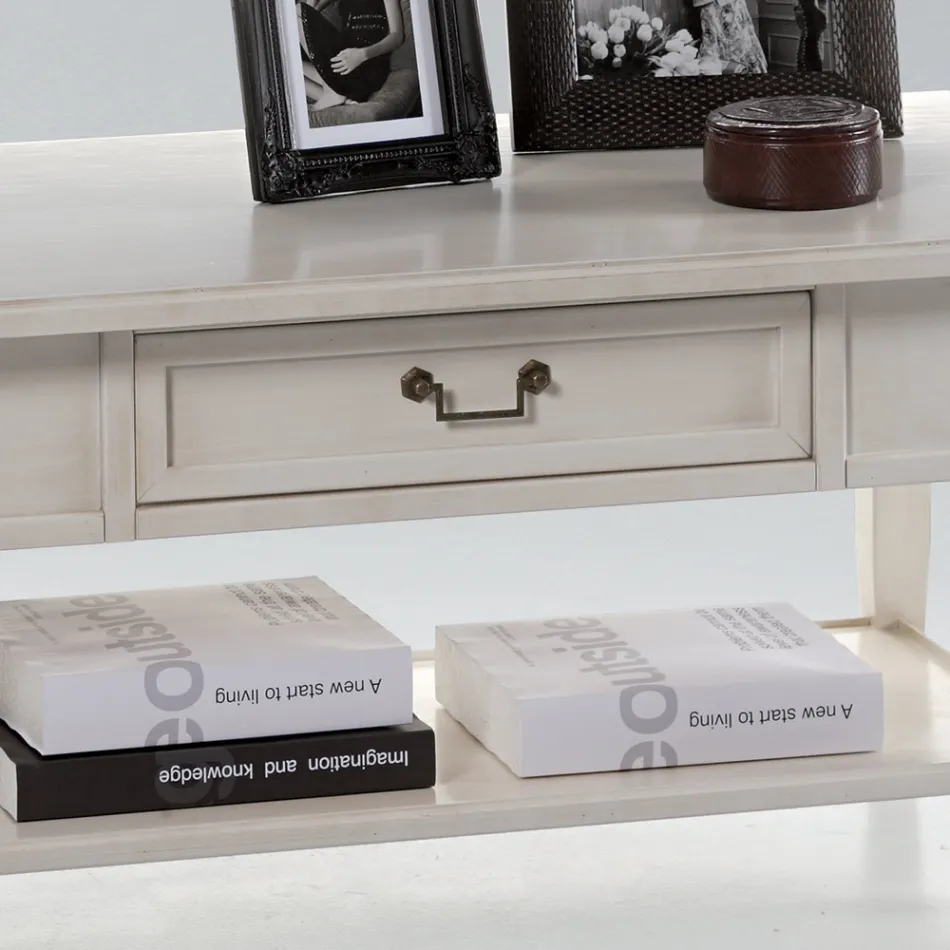 Tavolinë kafeje me sirtar dhe raft në dru të patinuar Made in Italy - Tuoni Viadurini