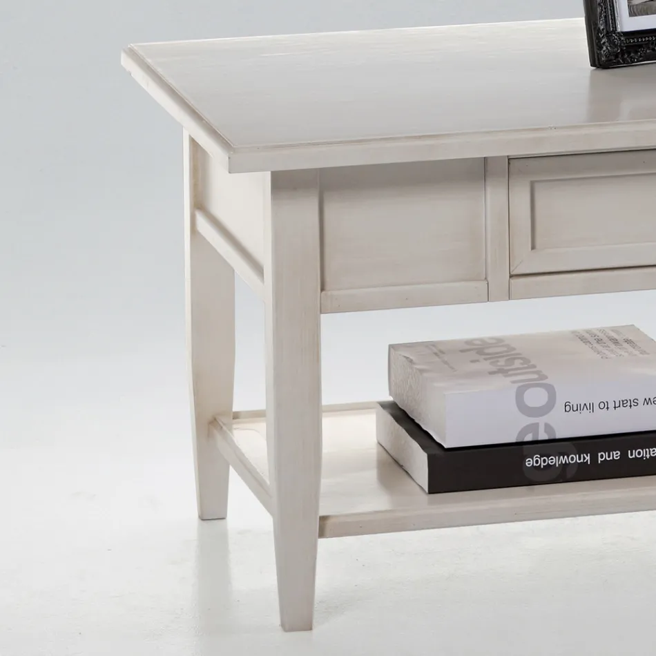 Tavolinë kafeje me sirtar dhe raft në dru të patinuar Made in Italy - Tuoni Viadurini