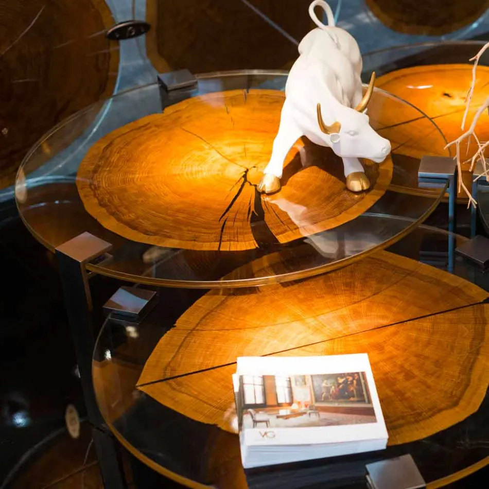 Tavolinë moderne e lartë kafeje me majë qelqi dhe Bigo druri 1 Viadurini