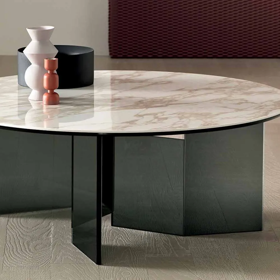 Tavolinë kafeje e rrumbullakët me majë qeramike dhe këmbë qelqi të tymosura - e rastësishme Viadurini