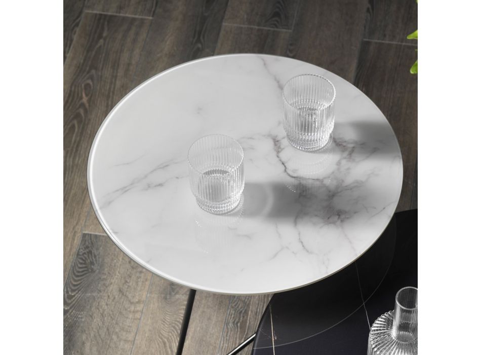 Tavolinë e rrumbullakët e kafesë në metal dhe xhami me efekt mermeri luksoz - Magali Viadurini
