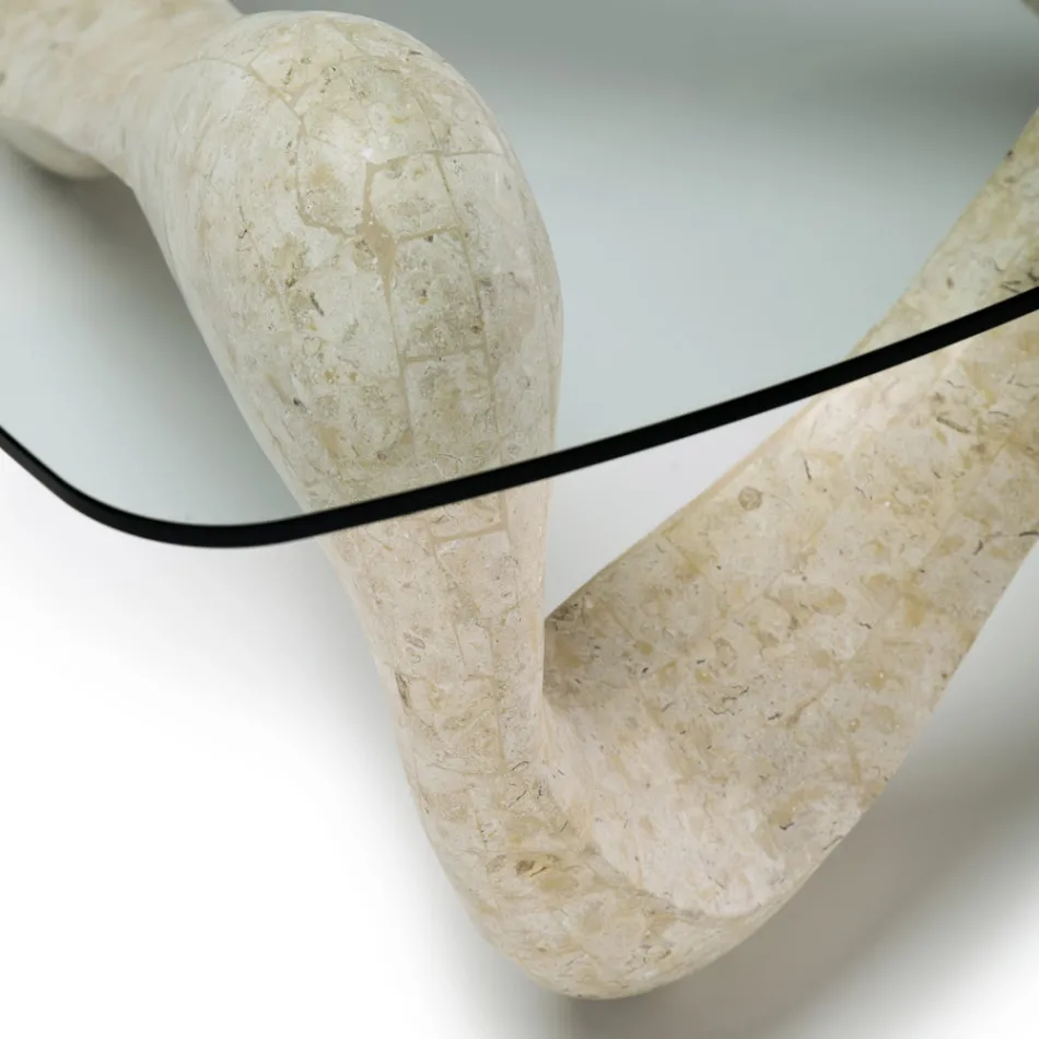 Tavolinë kafeje me majë xhami dhe bazë guri fosil - Kaliforni Viadurini