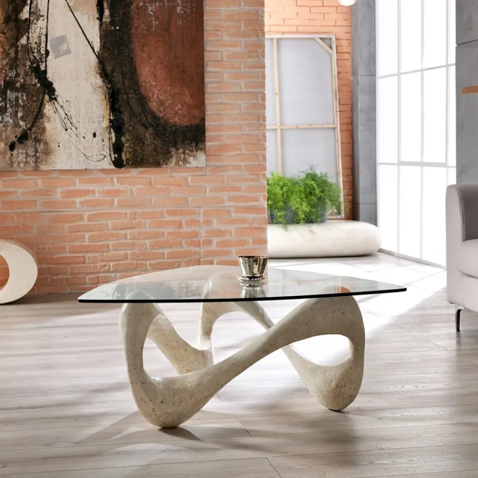 Tavolinë kafeje me majë xhami dhe bazë guri fosil - Kaliforni Viadurini