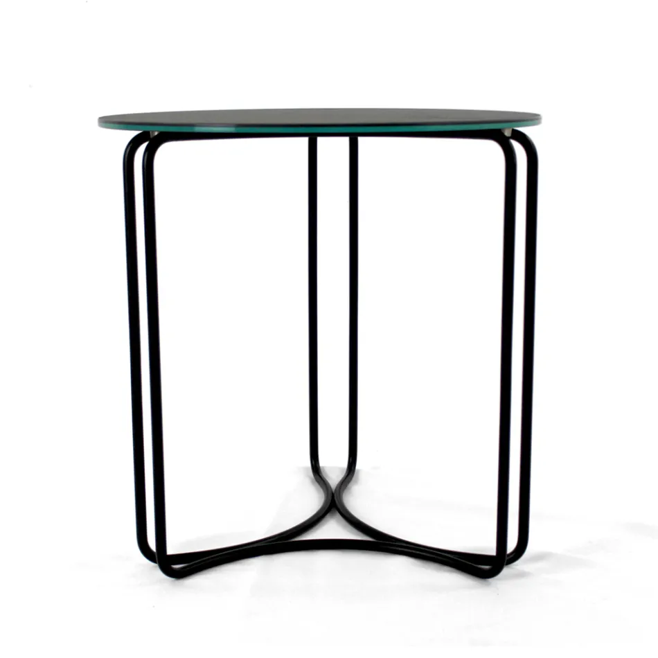 Tavolinë kafeje me enë guri të rrumbullakët dhe bazë me 3 gjysmëhëna të prodhuara në Itali - Arepa Viadurini