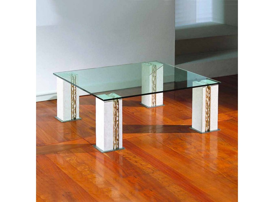 Tavolinë kafeje bashkëkohore në gur dhe kristal, dizajn modern Milos Viadurini