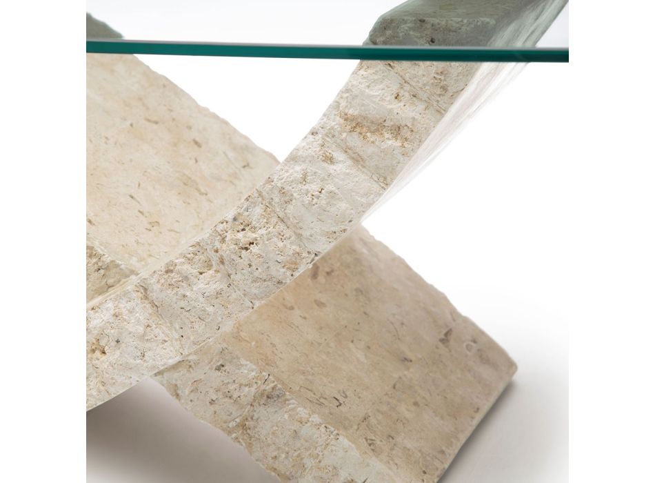 Tavolinë kafeje prej guri fosil me majë xhami transparente - Kansas Viadurini