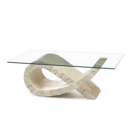 Tavolinë kafeje prej guri fosil me majë xhami transparente - Kansas Viadurini