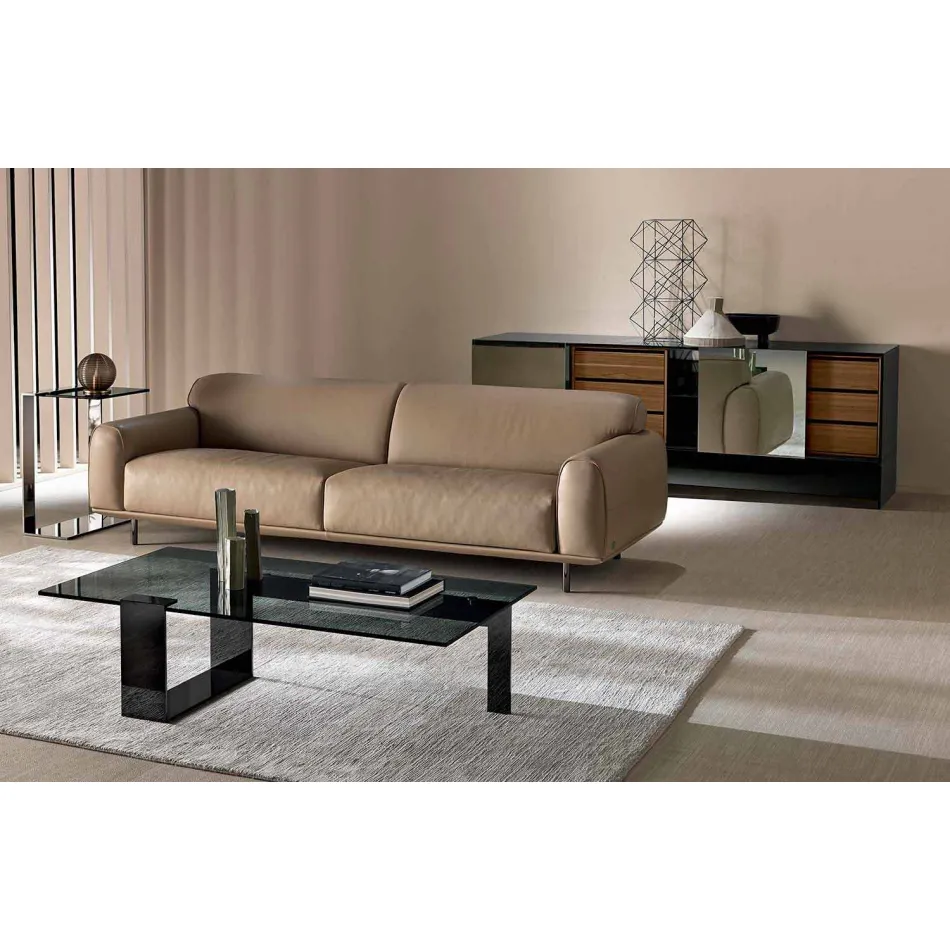 Tabela moderne e kafesë me bazë të qelqit të tymosur dhe baza metalike e bërë në Itali - Scoby Viadurini