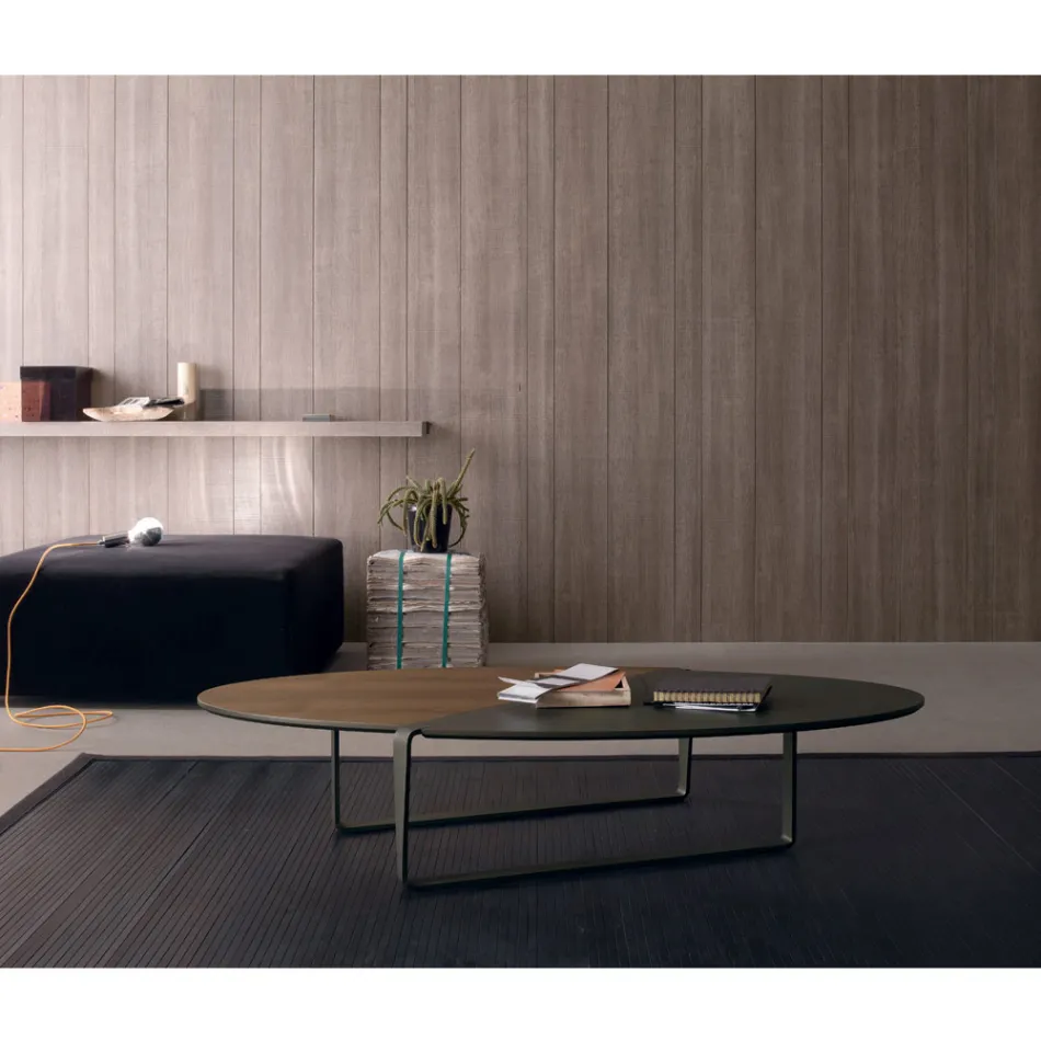 Tavolinë kafeje ovale me metal dhe dru dyngjyrësh - Comacchio Viadurini