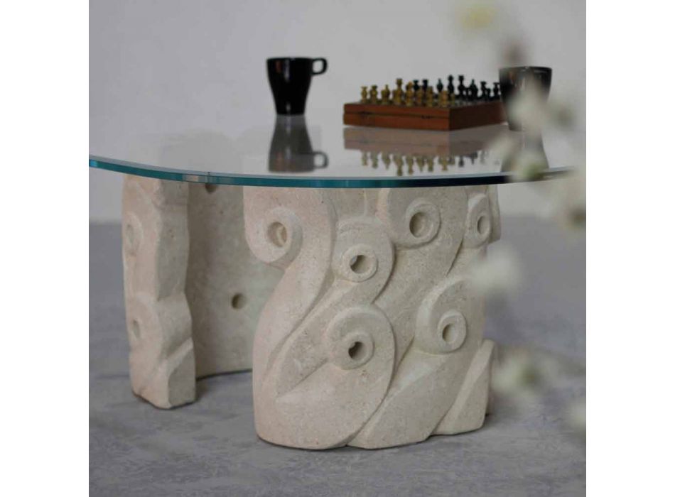 Tavolinë guri lisi dhe tryezë kristali, dizajn modern Lindos Viadurini
