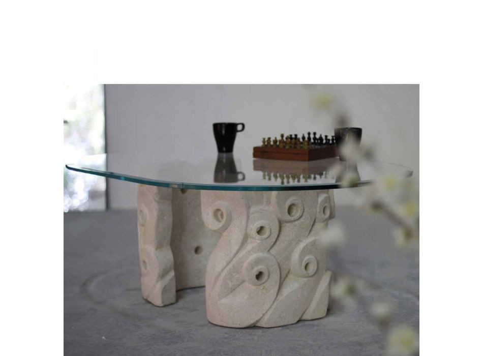 Tavolinë guri lisi dhe tryezë kristali, dizajn modern Lindos Viadurini