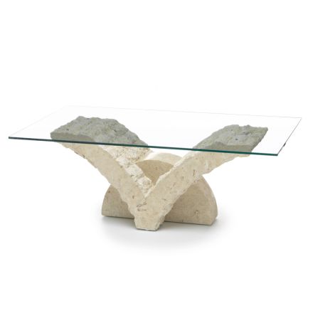 Tavolinë kafeje drejtkëndëshe me bazë guri fosil të bardhë - Gardenia Viadurini