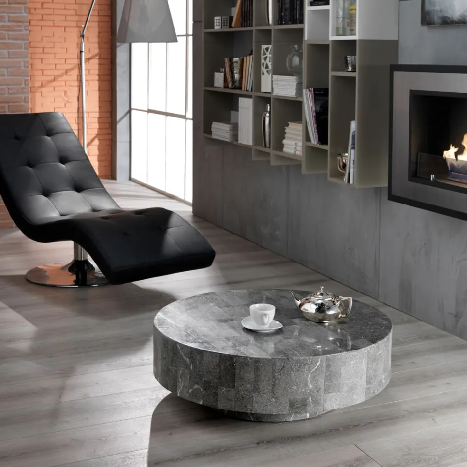 Tryezë moderne e rrumbullakët e kafesë në gurë fosil - Vermont Viadurini